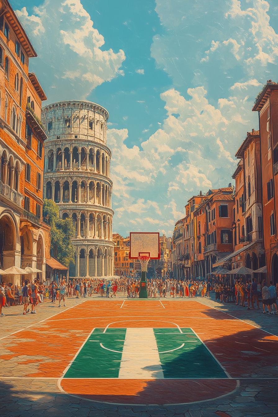 Realistic half-court basketball scene with Italian flag backdrop.