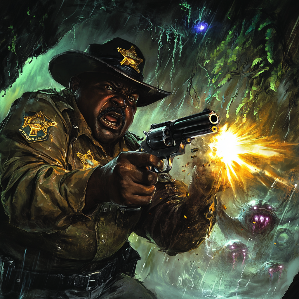 Realistic horror: sheriff fires revolver in dark cave.