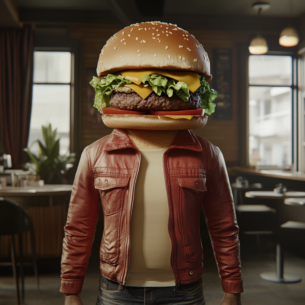 Realistic human body with hamburger head in diner.