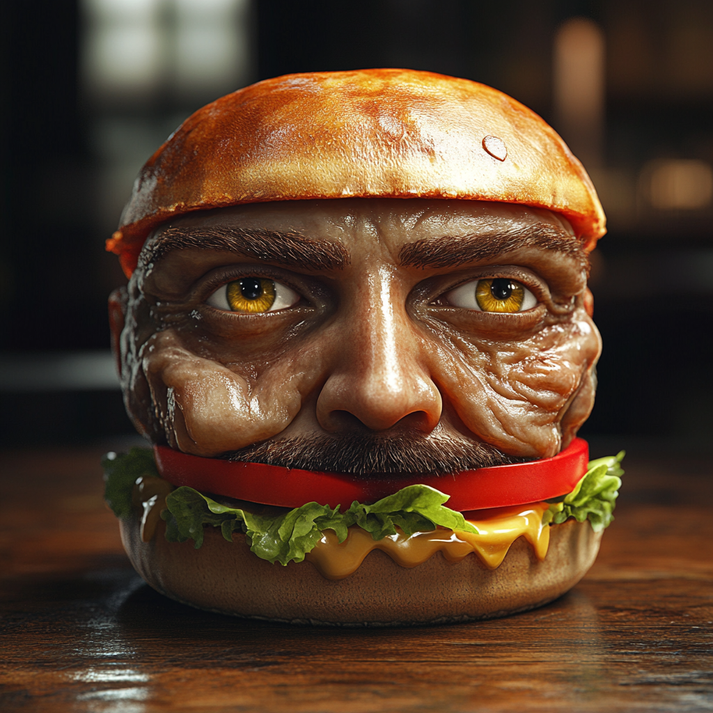 Realistic human face on hamburger in natural environment.