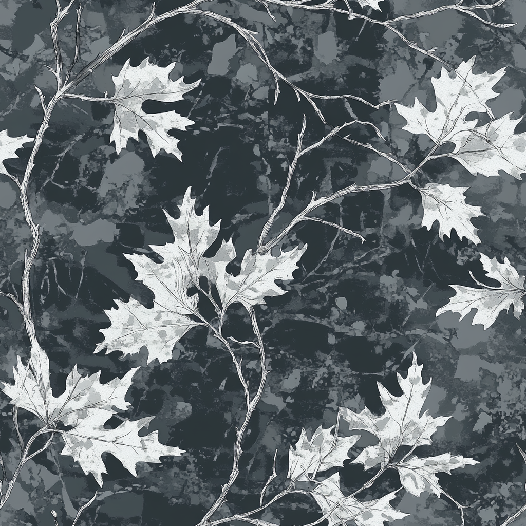 Realistic hunting camo pattern with leaves and branches.