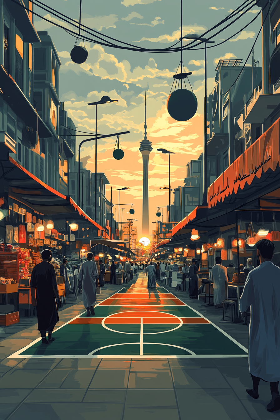 Realistic illustration of Kuwaiti basketball court at sunset.