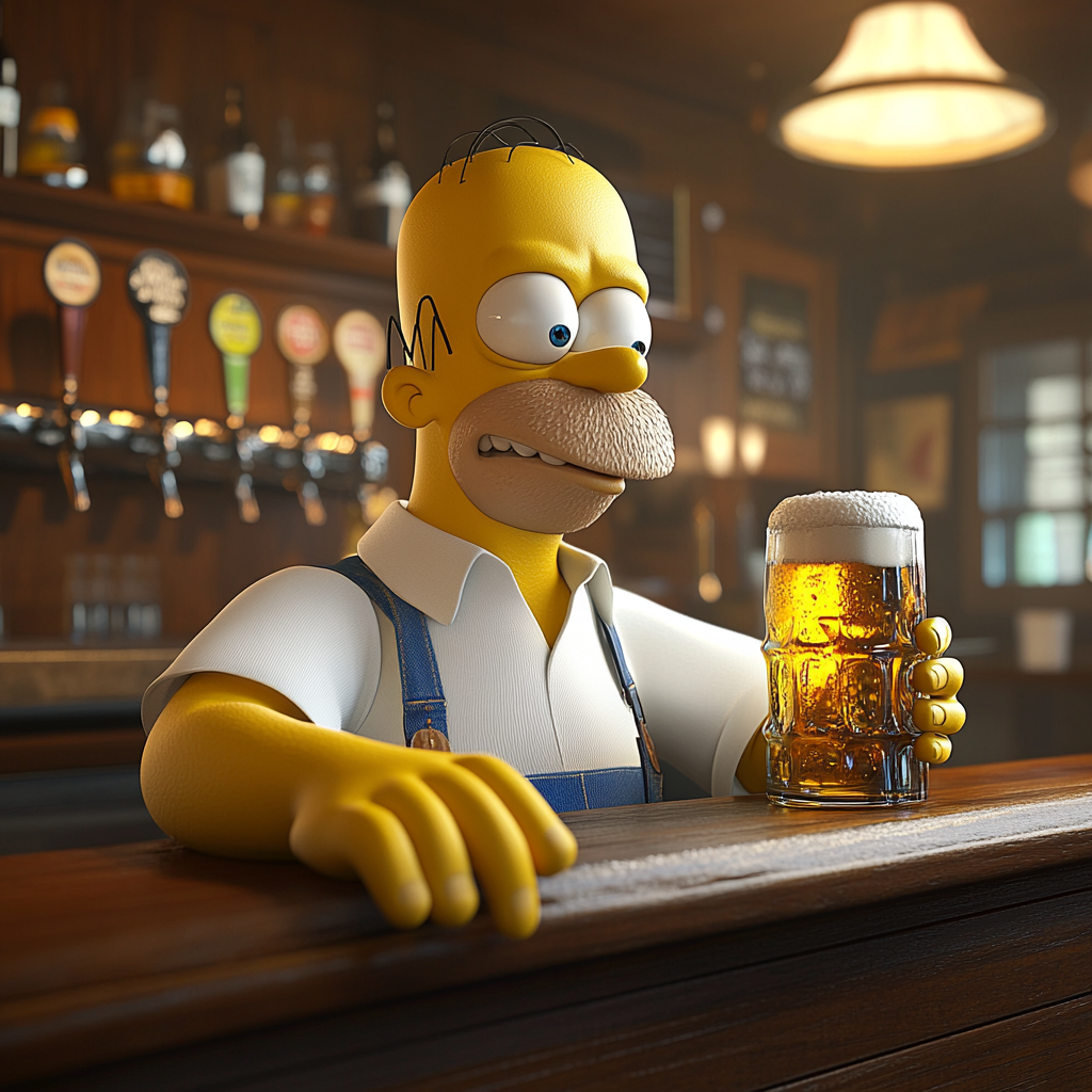 Realistic image of Homer Simpson sitting at bar.