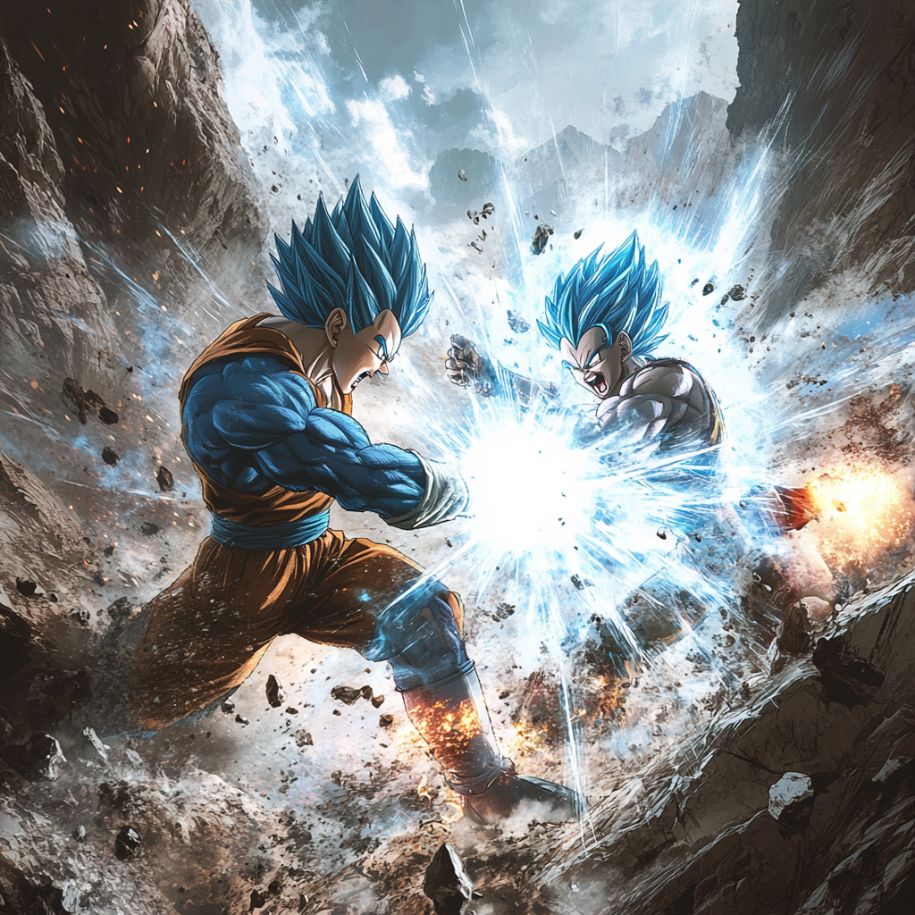 Realistic image of Vegeta and Goku fighting intensely.