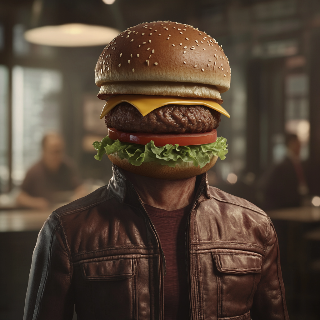 Realistic image of human body with hamburger head.