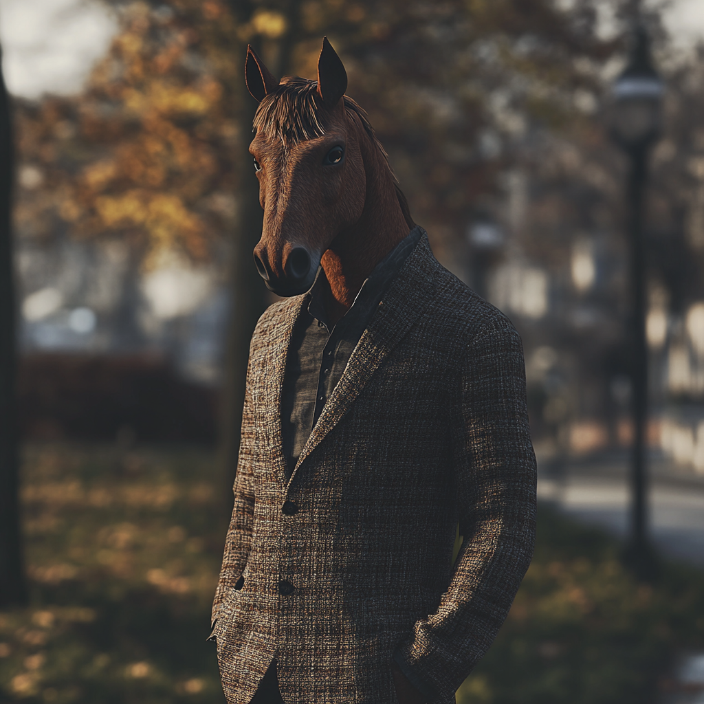 Realistic image of human body with horse head.