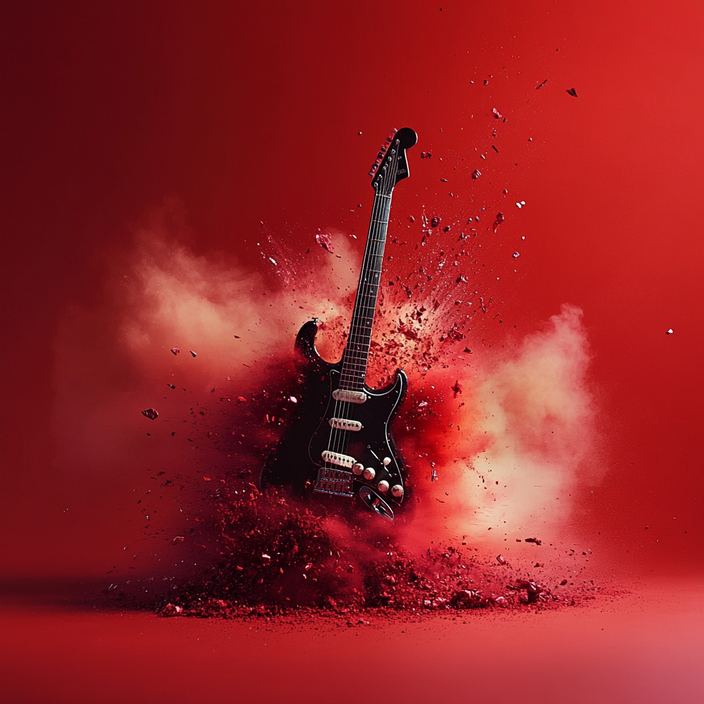 Realistic image of instruments exploding in cinematic style.