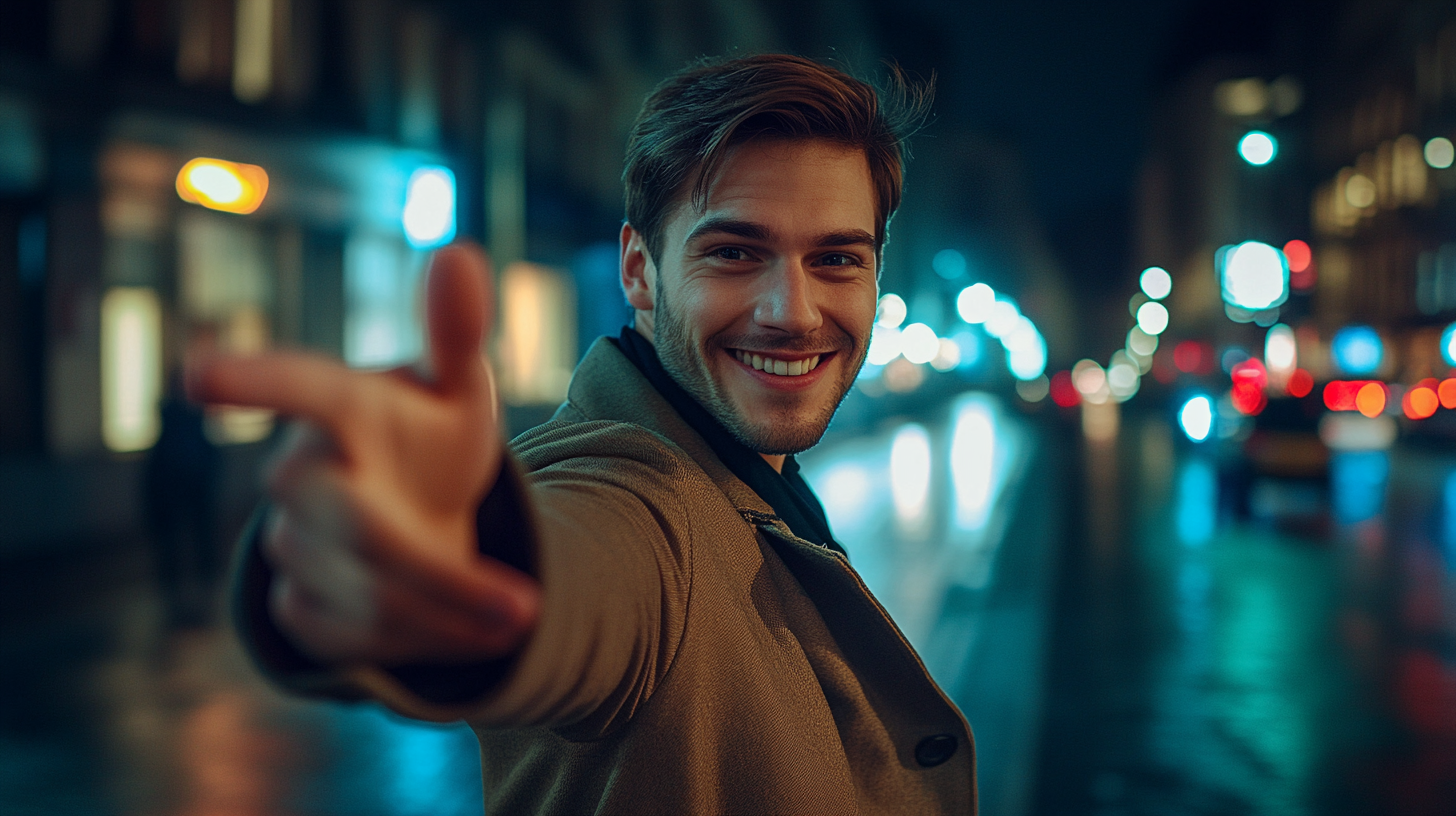 Realistic image of smiling detective gesturing at camera.