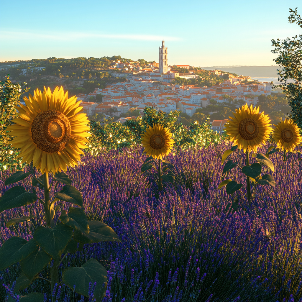 Realistic image of sunflowers under blue sky in Lisbon.