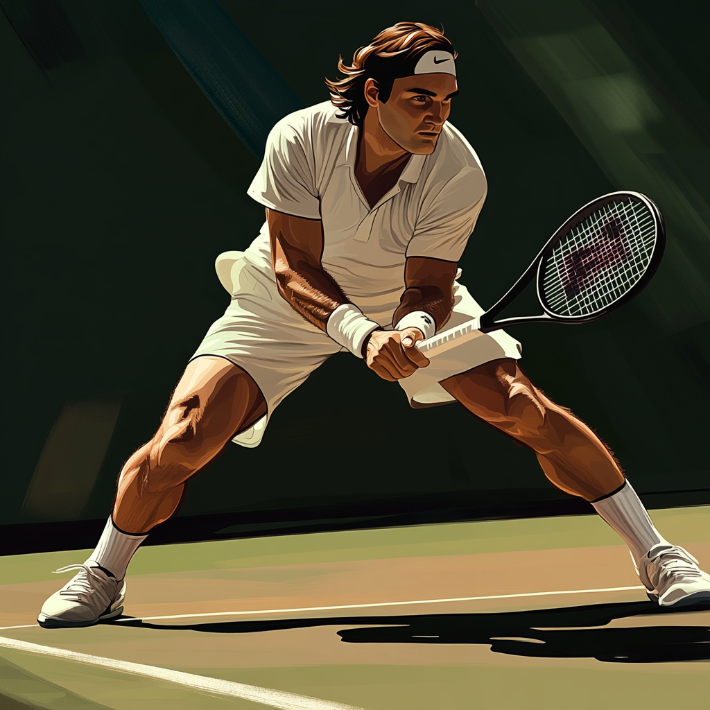 Realistic image of tennis player near baseline, ready to move.