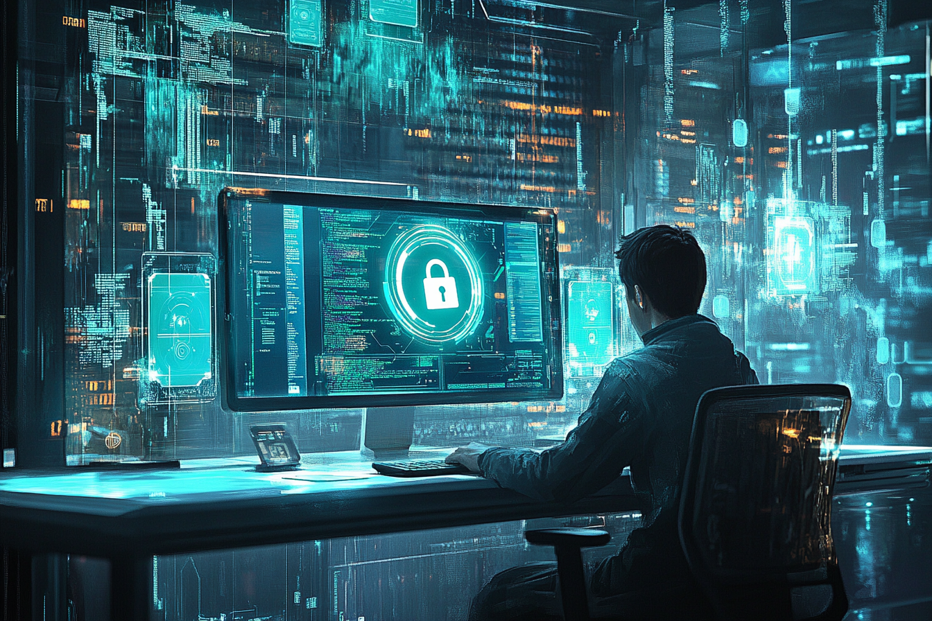 Realistic image symbolizing data protection on computer screen.