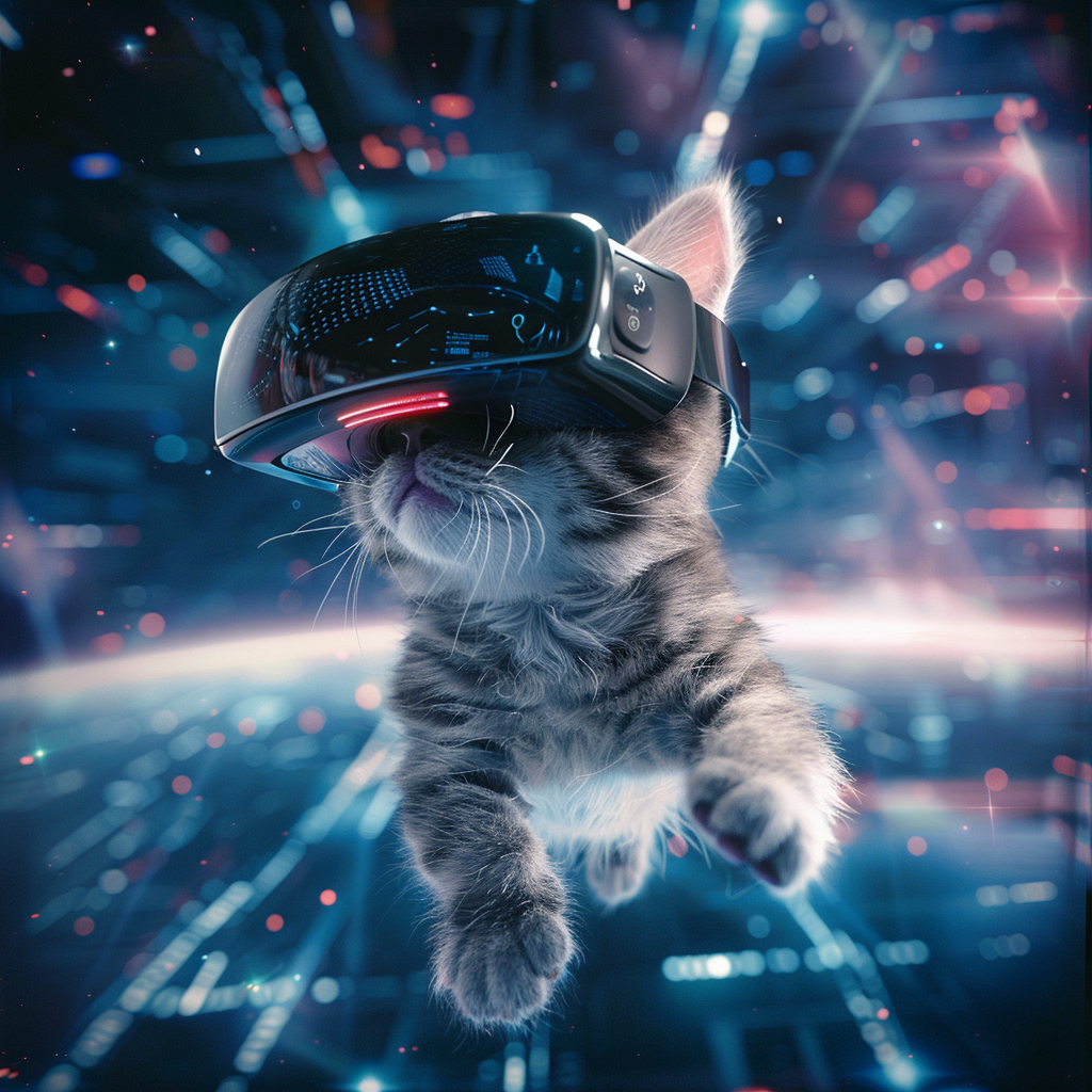 Realistic kitten in VR headset designed for small head.