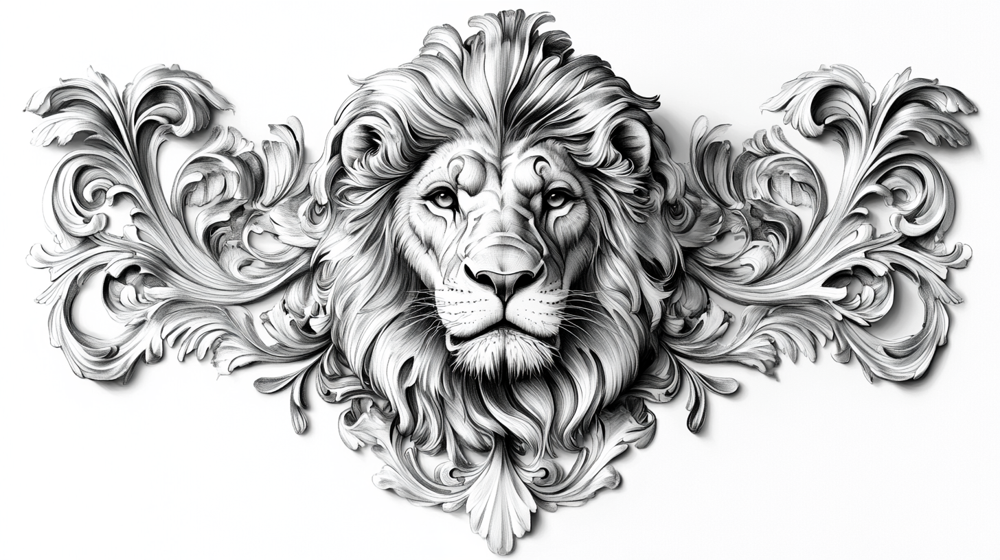 Realistic lion head sketch for symmetrical baroque tattoo design.