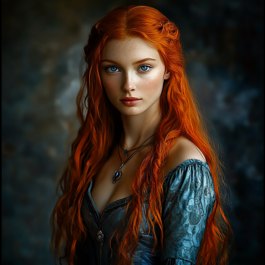 Realistic medieval fantasy princess with fiery red hair