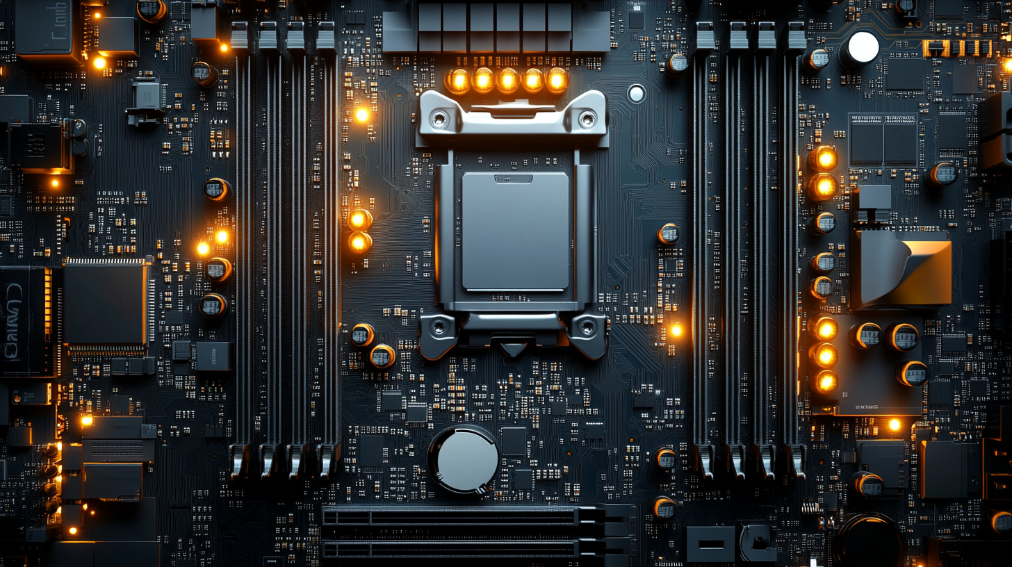 Realistic motherboard with recognizable electronic components and empty space.