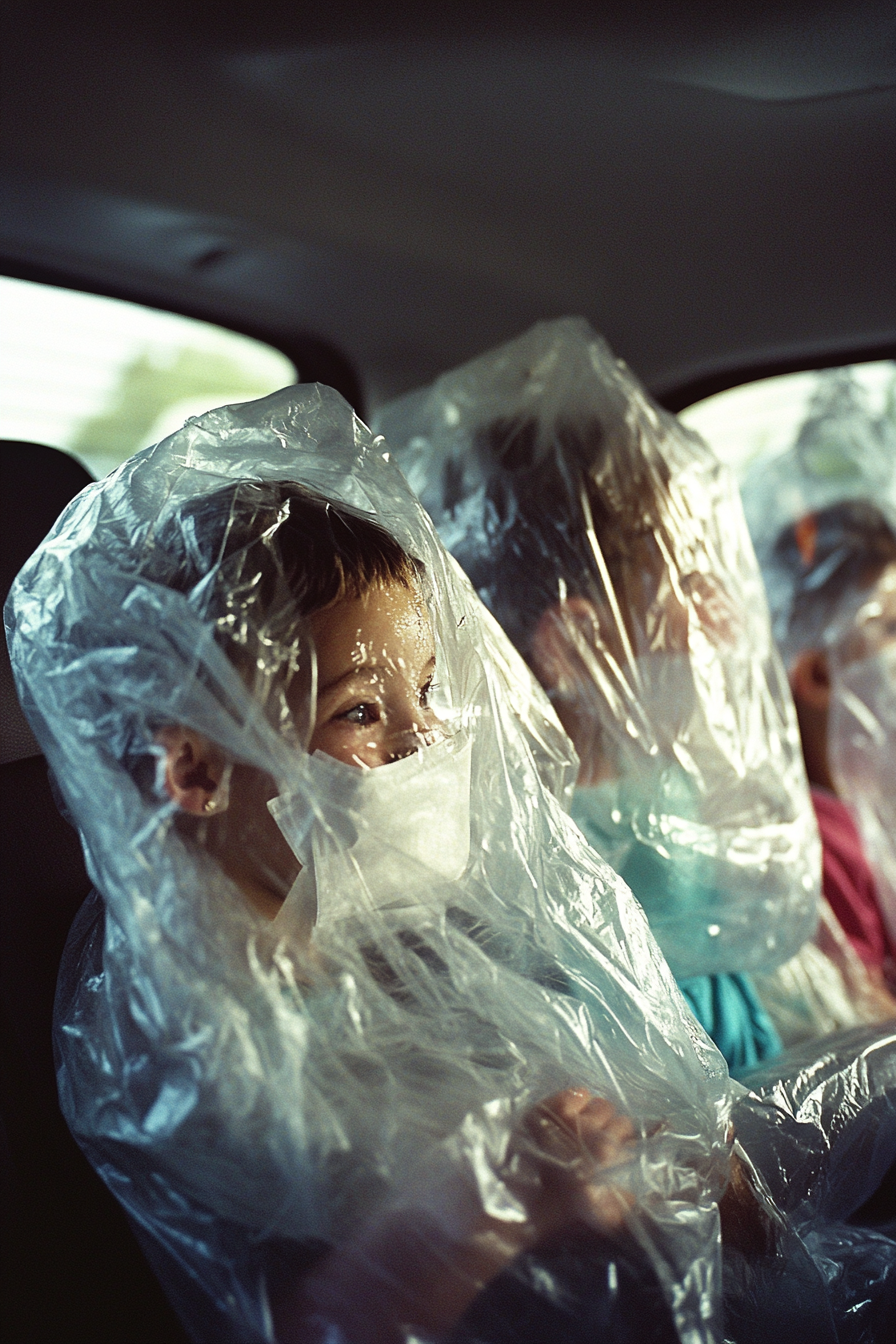 Realistic movie still of kids with plastic bags.