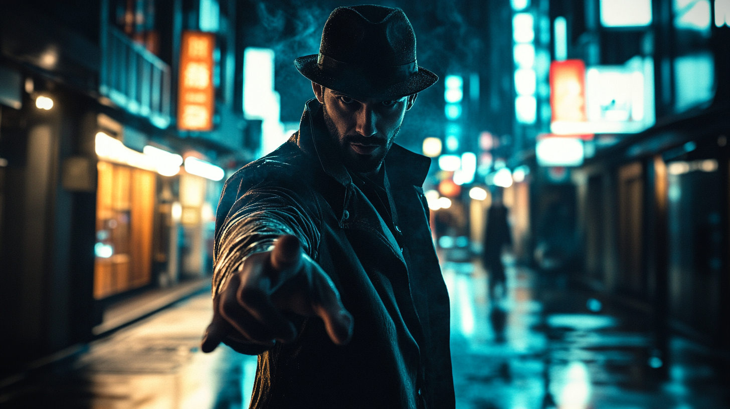 Realistic night city photography with detective man portrait.