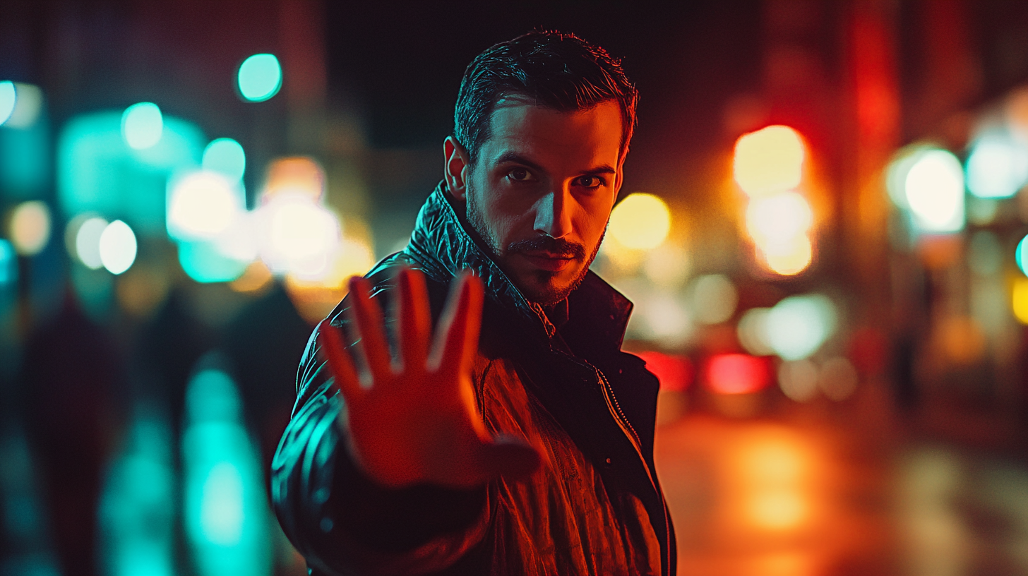 Realistic nighttime city photography with detective man, dramatic lighting.