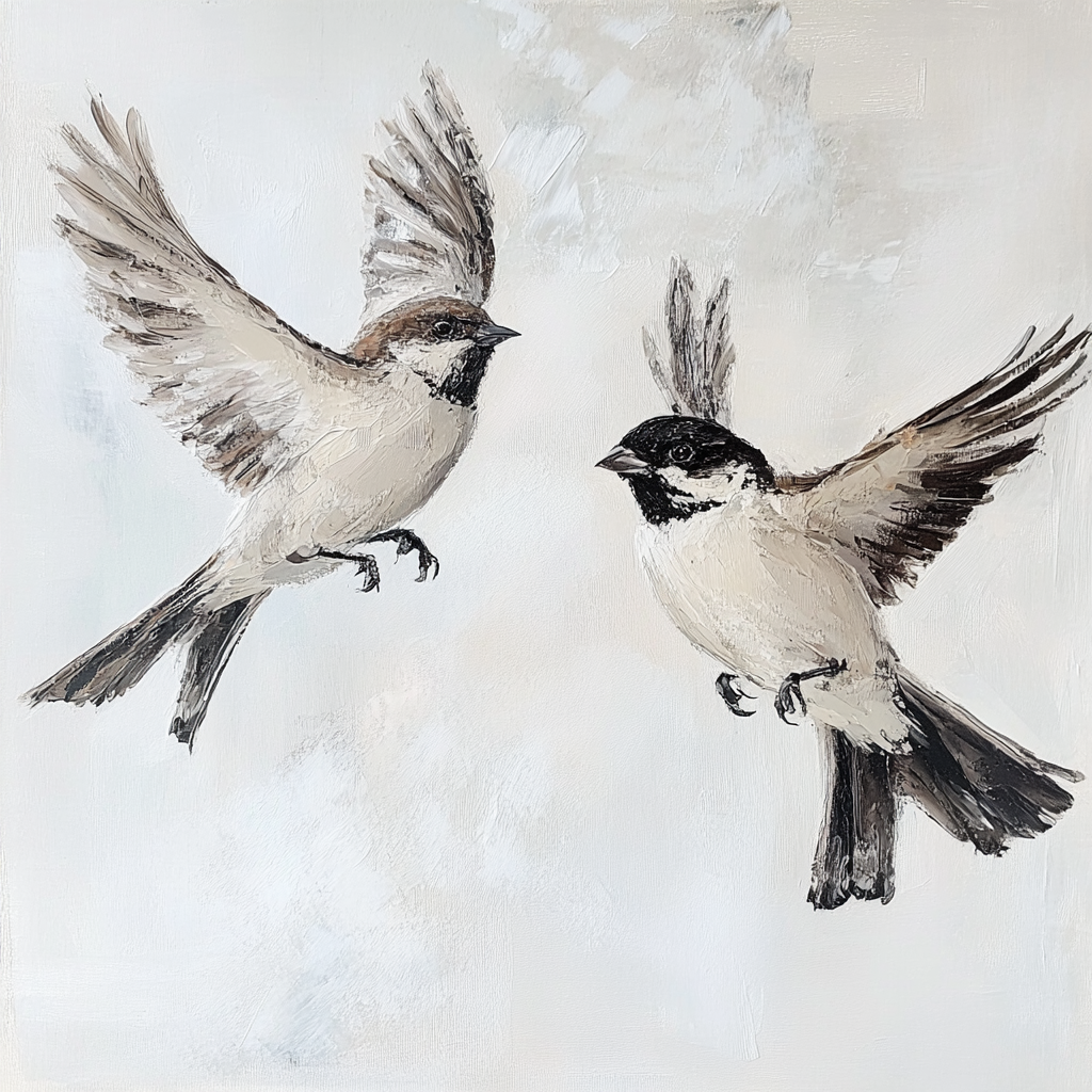 Realistic oil painting of two sparrow birds fighting.