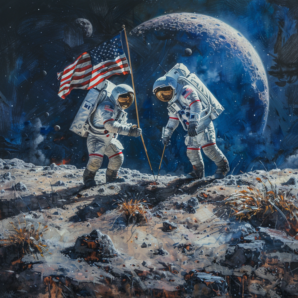 Realistic painting of astronauts planting American flag on moon