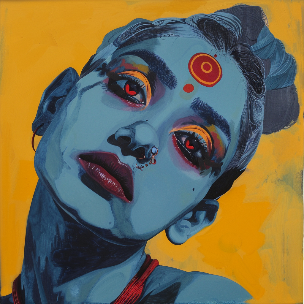 Realistic painting of blue-skinned woman with bindi.