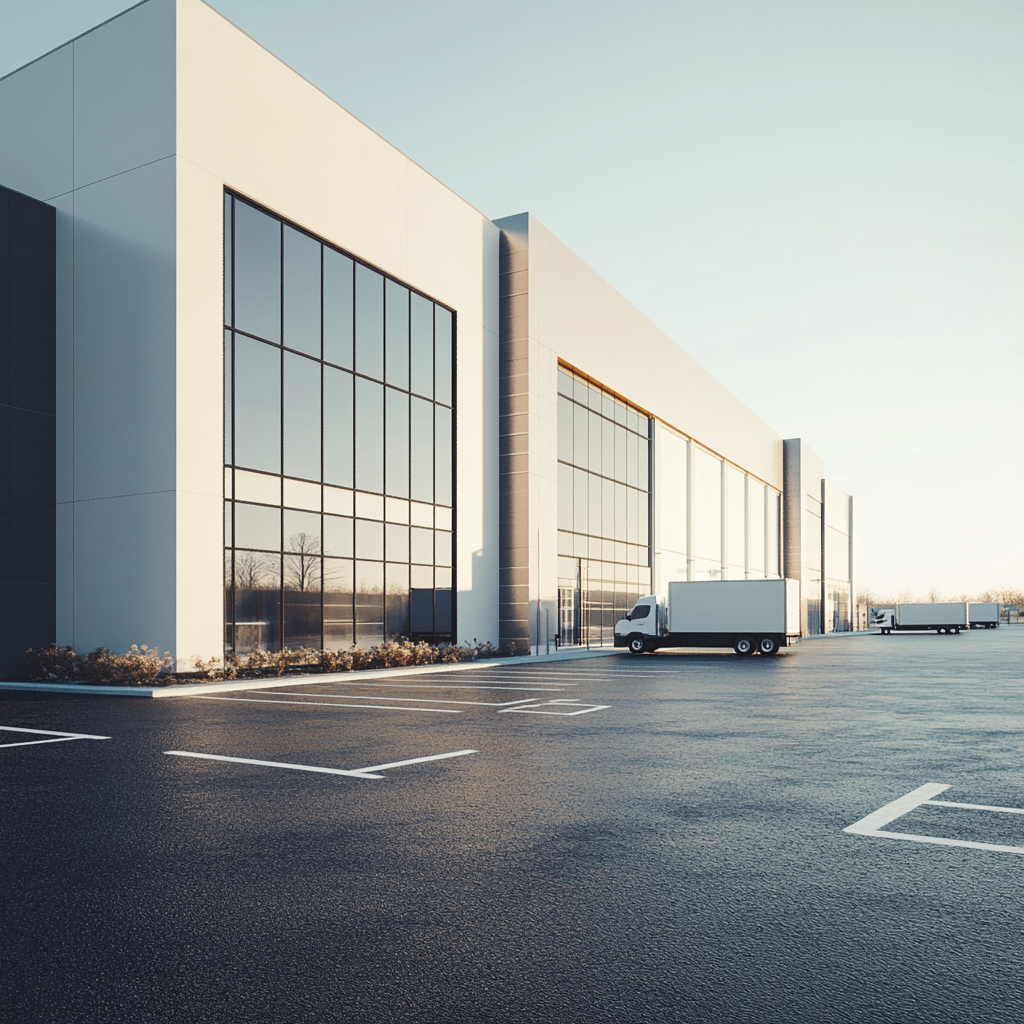 Realistic parking lot with modern commercial building and lighting.