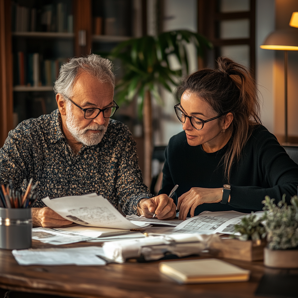 Realistic photo of 50-year-old accountant with 20-year-old client.