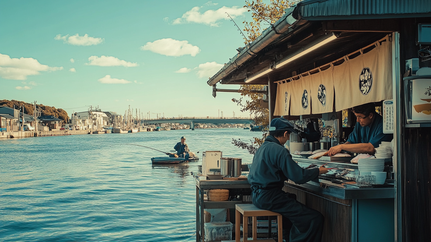 Realistic photo of Australian river with fishermen and sushi.