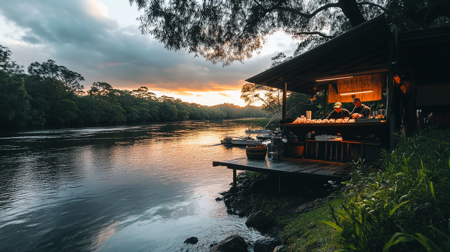 Realistic photo of Australian river with sushi master.