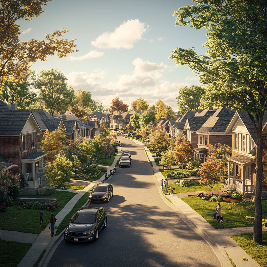 Realistic photo of Canadian neighborhood with classic elements.