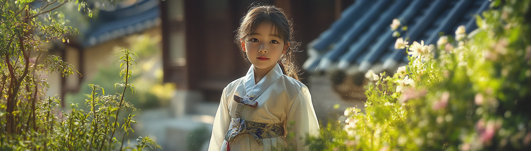 Realistic photo of Korean girl in serene garden with building.