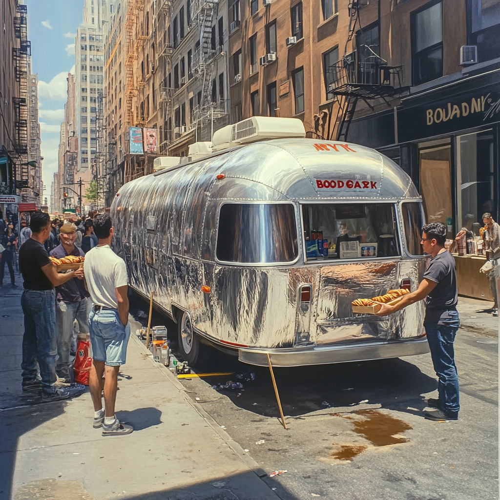 Realistic photo of RV wrapped in wax paper. Crowd around man giving out sandwiches.