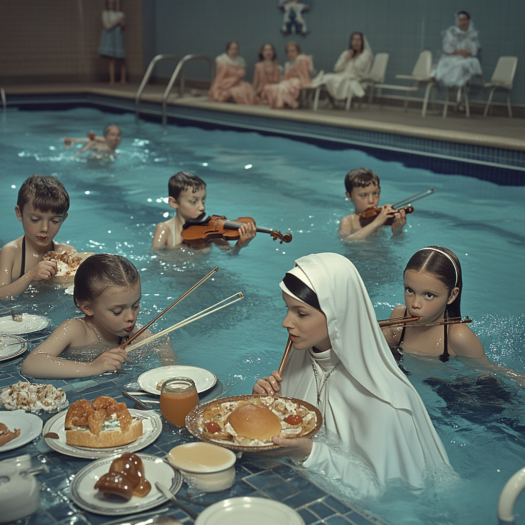 Realistic photo of children & nun eating, playing, swimming.