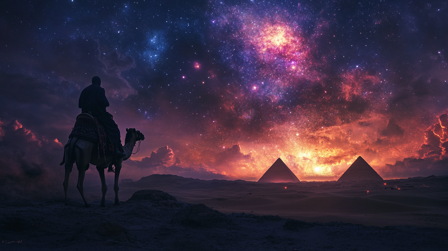 Realistic photo of desert night sky with pyramids.