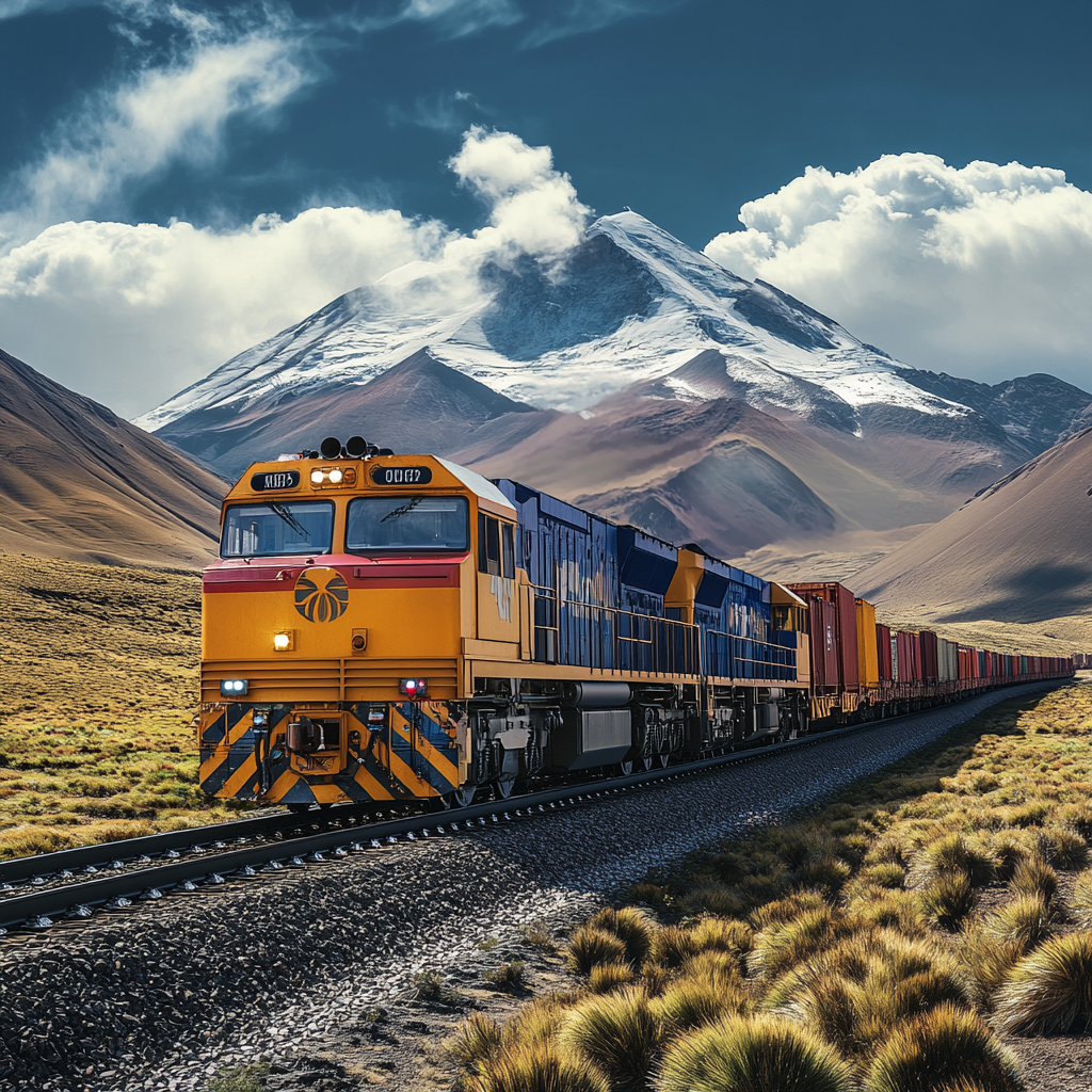 Realistic photo of giant train through Latin landscape.