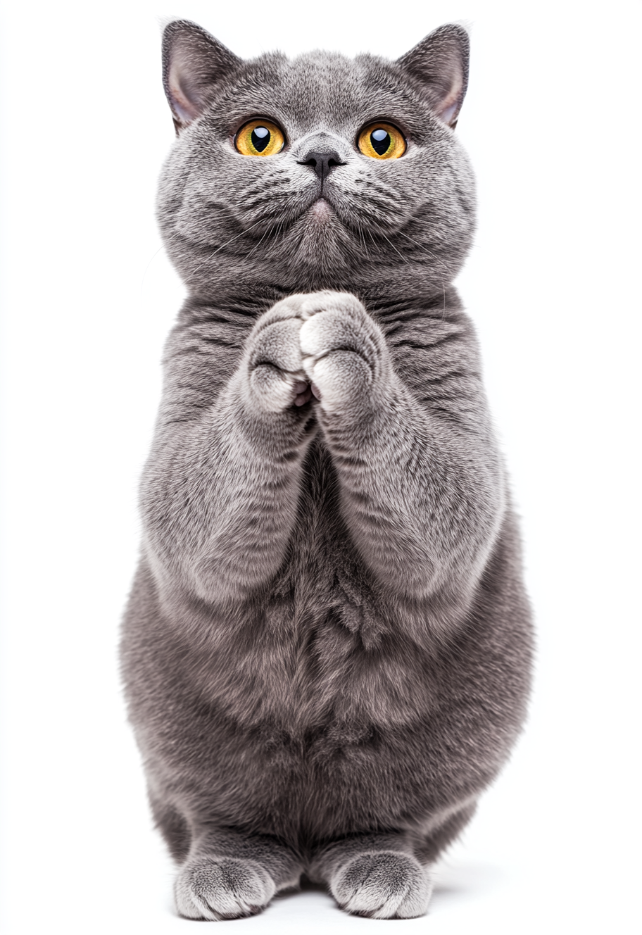 Realistic photo of grey British shorthair cat standing, hugging.