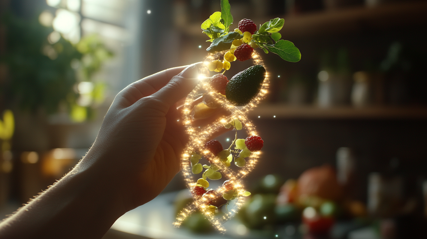 Realistic photo of hand holding glowing DNA with veggies.