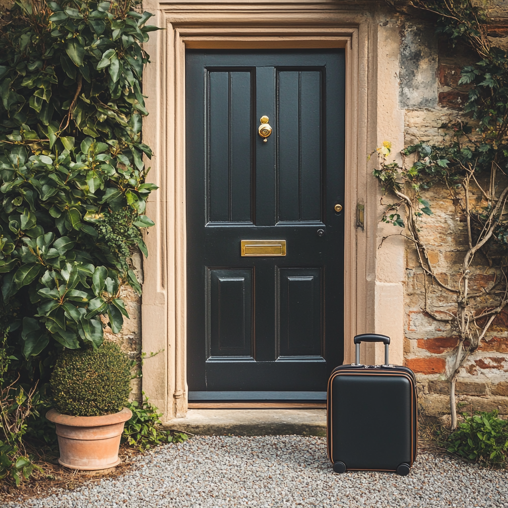 Realistic photo of leather bag near beautiful driveway.