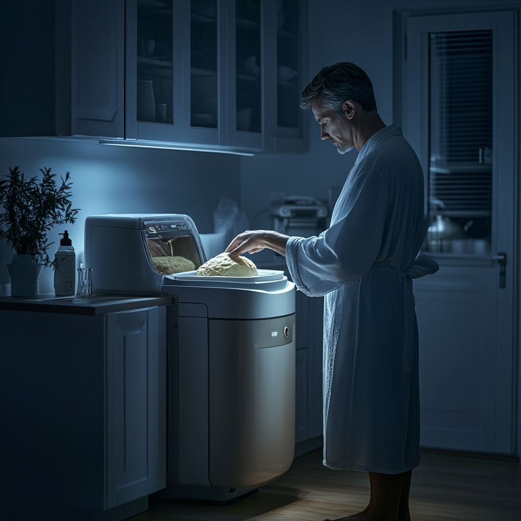 Realistic photo of male using futuristic bread machine.