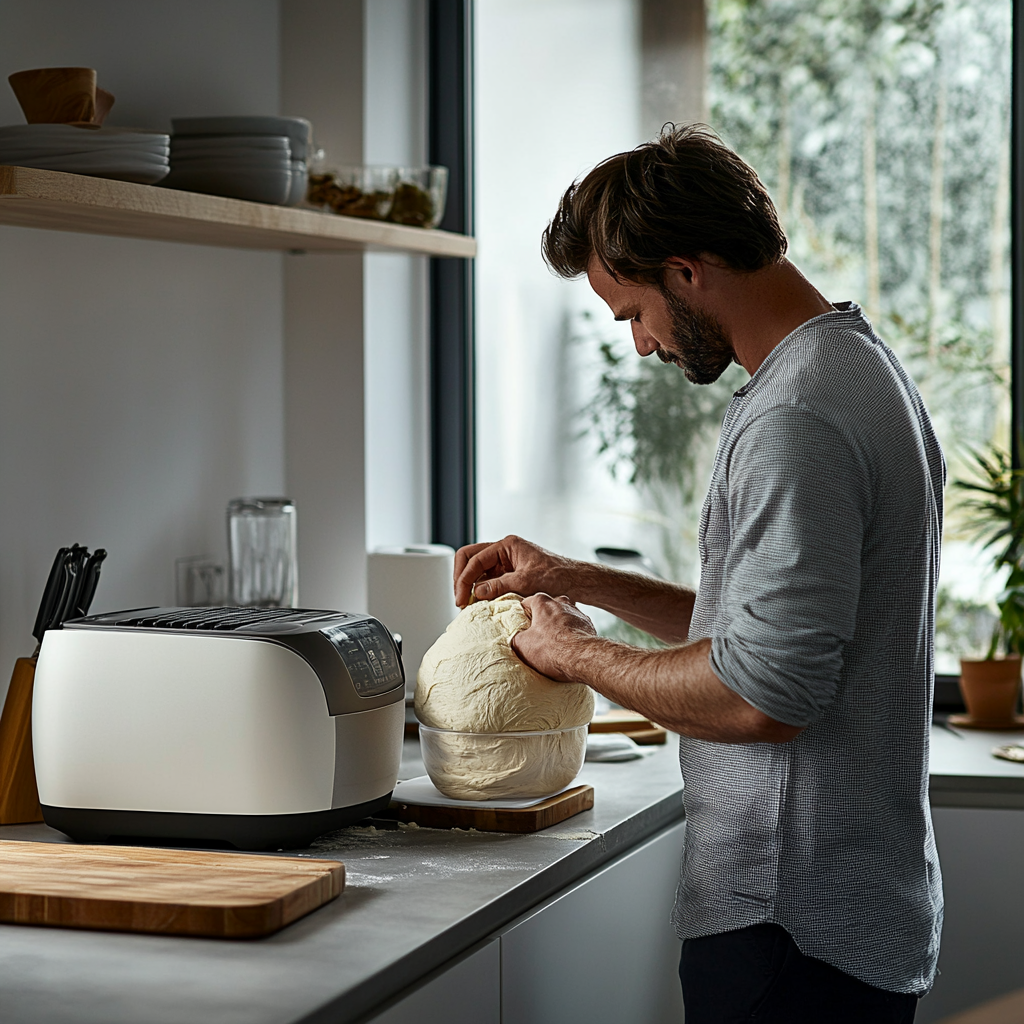 Realistic photo of man in pyjamas in kitchen, making bread.