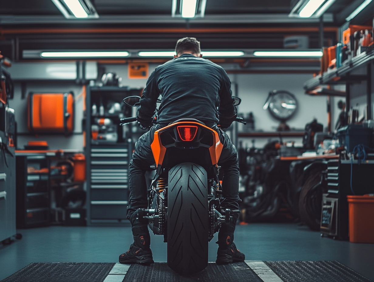 Realistic photo of mechanic in clean KTM workshop, no face.