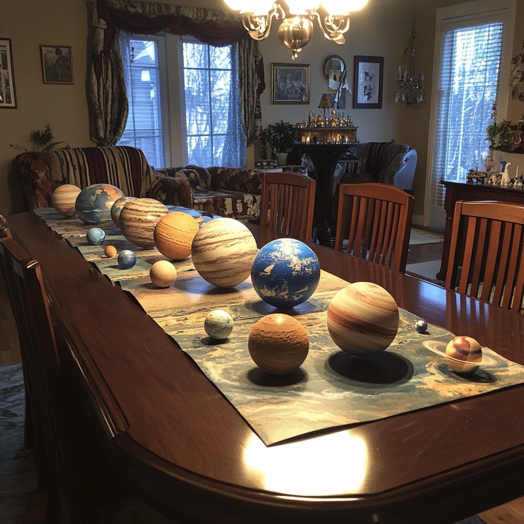 Realistic photo of model of planets on table.