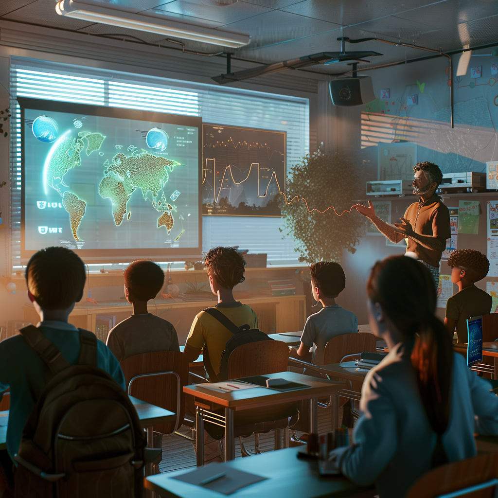 Realistic photo of teacher explaining climate change in classroom.