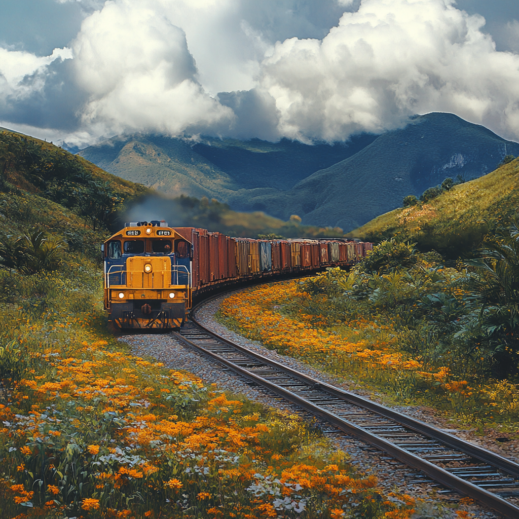 Realistic photo of train with cargo in landscape viewing