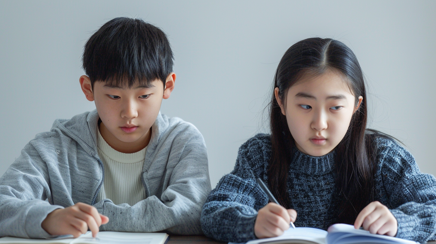 Realistic photograph of Korean students studying English