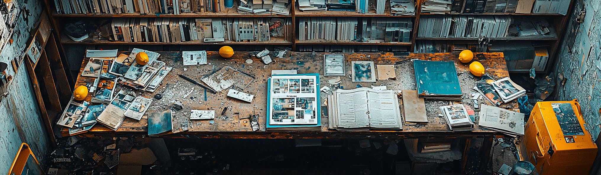 Realistic photograph of cluttered table with organized catalog.