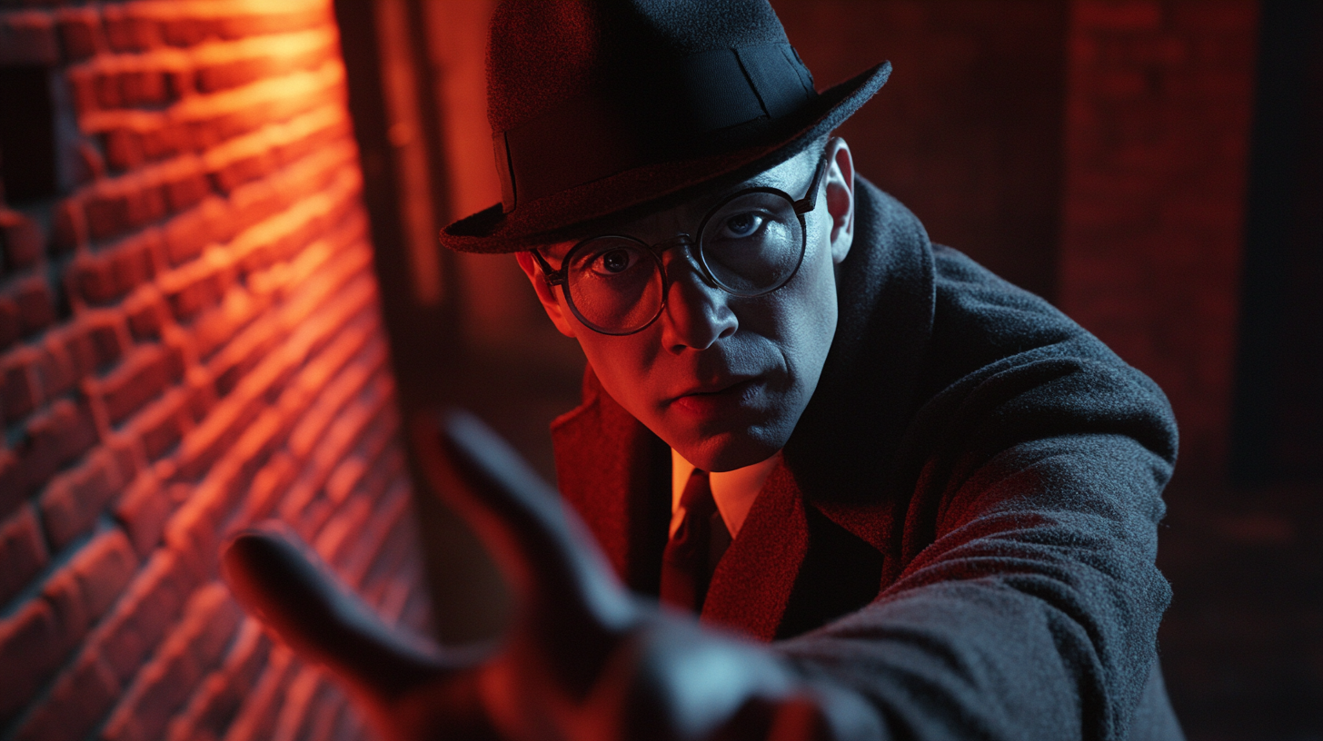 Realistic photography of male detective in dramatic atmosphere.