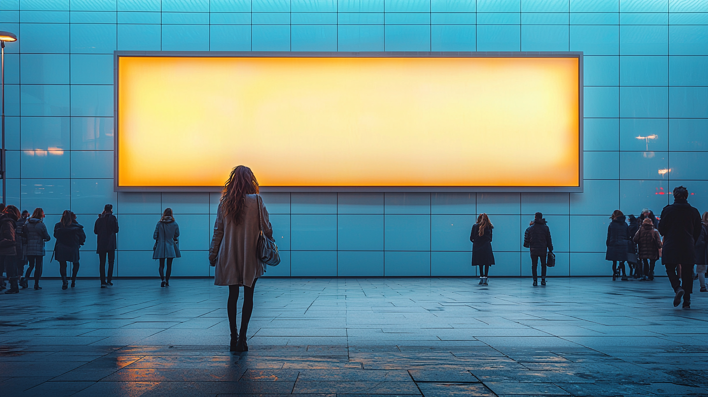 Realistic photography of modern building with glowing billboard.