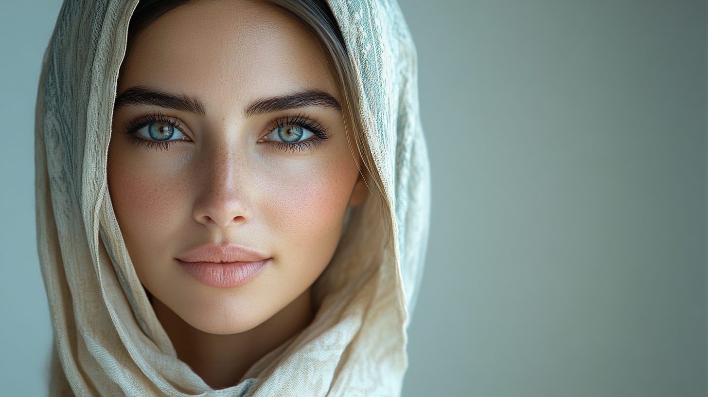 Realistic portrait Arabic woman, light complexion, white background 