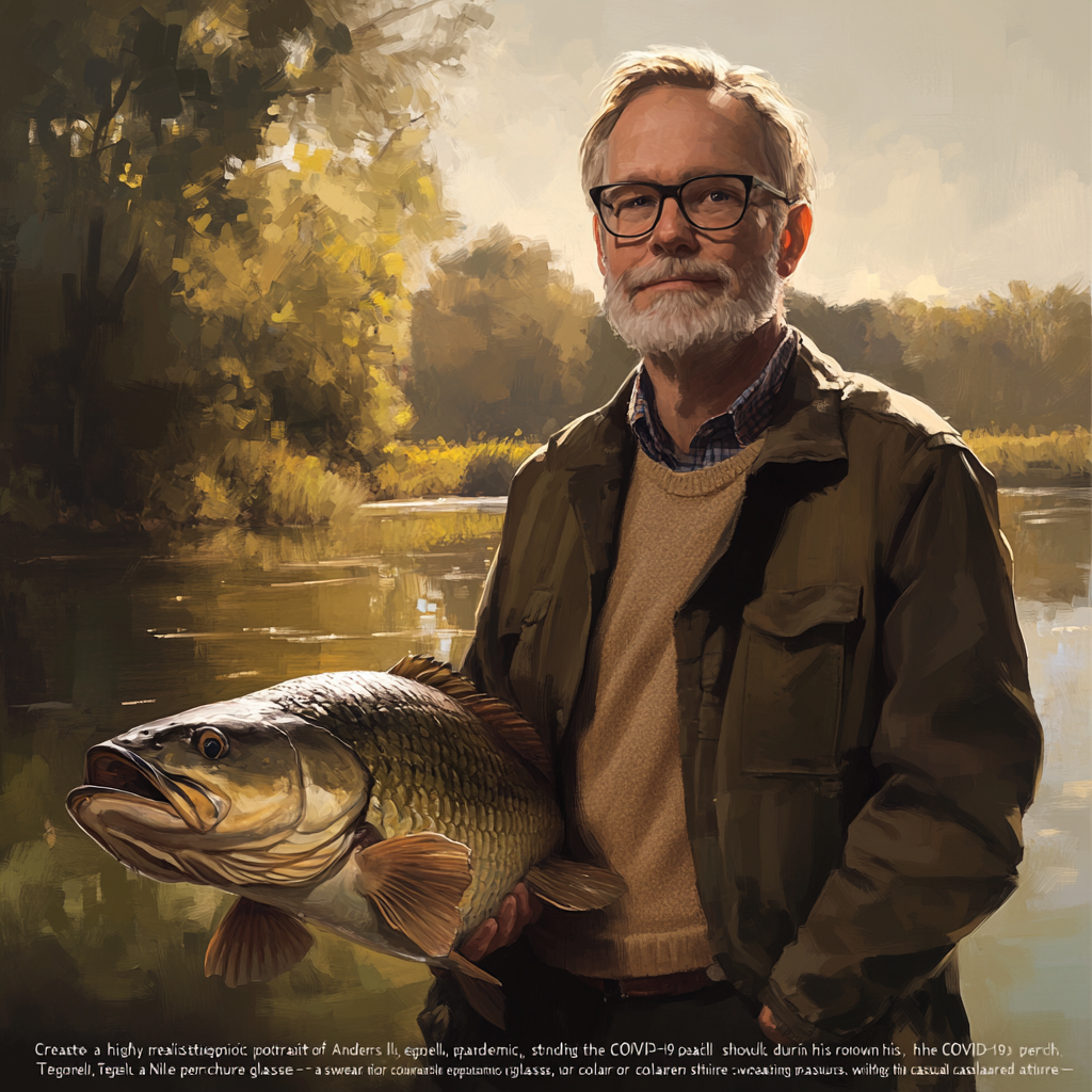 Realistic portrait of Anders Tegnell with Nile perch.